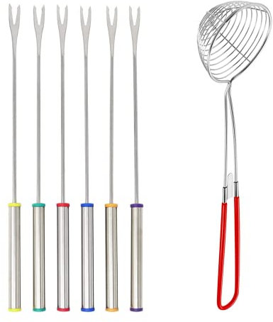 通用 Fonduegabeln Edelstahl mit Hitzebeständigem Griff 6 Farben Fondue Gabel 24cm für Käse Braten Marshmallows Fleisch mit Edelstahl Küchensieb (6)