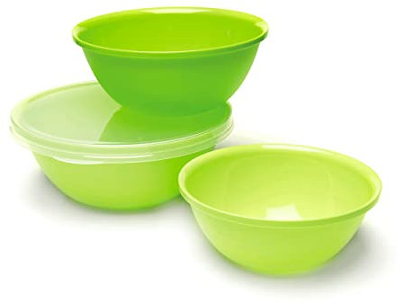 Harfield Tableware Amuse Set of 3 Green Serving Salad Mixing Bowls with Lid 1.2, 1.7 & 2.4 Litre BPA Free