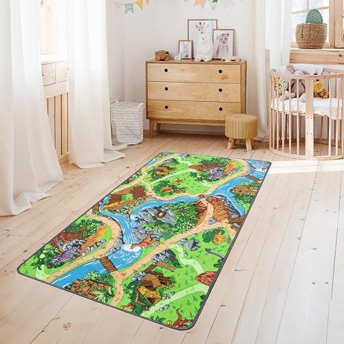 Primaflor Spielteppich Dino – 140x200 cm | Straßenteppich mit Dinosaurier | Made in EU | Kinderteppich mit Straßen für Jungen & Mädchen | für Fußbodenheizung | Kurzflor Teppich für Kinderzimmer
