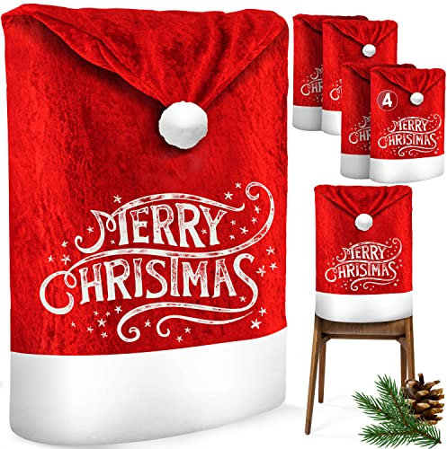 KESSER® Premium Weihnachtsstuhlüberzug 4er Set Stuhlhussen für Weihnachten Nikolausmütze Stuhlbezug Husse Weihnachtsdeko für Stühle Überzieher - Stuhlabdeckung im weihnachtlichen Design