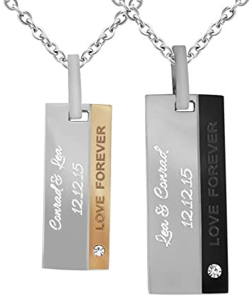 Hanessa 2 Stück Personalisierte Ketten mit Gravur Edelstahl 45-60 cm Dog Tag in silber/gold und silber schwarz - Halsketten Männer Frauen - Personalisierter Schmuck Damen Herren - Partner Ketten