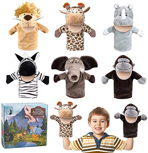 Animal Hand Puppets Gift Box Wildlife Theme Puppets Dolls with Movable Open Mouth Plush Pretend Toys Zoo Friends Perfect for Storytelling, Teaching, Preschool, Role-Play (6Pcs)