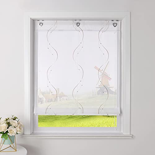 CORLIF Raffrollo Landhaus Raffgardine Küche Modern Ösenrollo Leinenoptik mit Wellenmuster Transparente Rollos Kurz Fenster Schal mit Ösen B/H 100/140 cm Sand