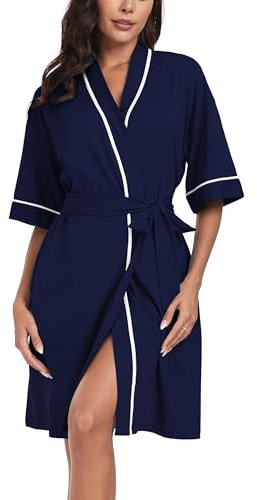COLORFULLEAF Morgenmantel Damen Baumwolle Leicht Kurz Bademantel Kurzarm Sommer 3/4 Ärmeln Sauna Kimono Frauen Nachtwäsche(Navy Blau,L)