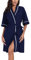 COLORFULLEAF Morgenmantel Damen Baumwolle Leicht Kurz Bademantel Kurzarm Sommer 3/4 Ärmeln Sauna Kimono Frauen Nachtwäsche(Navy Blau,L)