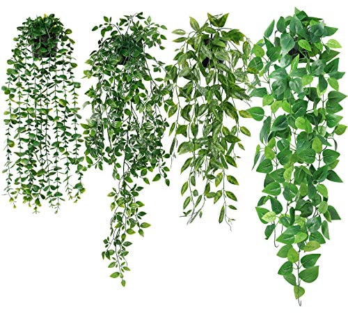 Dremisland 4 Pack Fake Hanging Plant with Pots Artificial Eucalyptus Potted Plants Greenery Foliage Ivy Vines Faux Trailing Plants for Home Garden Office Shelf Wall Decoration