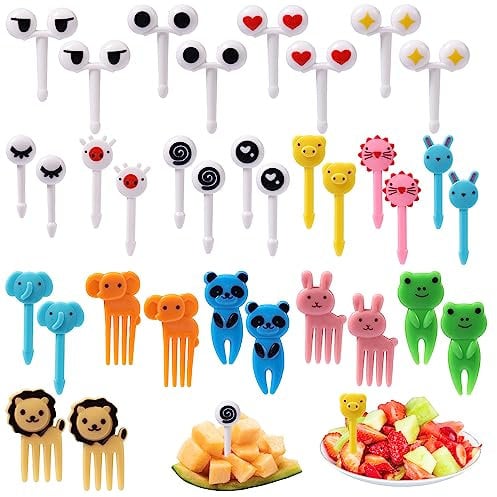 LUTER 40pcs Multicolor Plastic Fruit Forks, Mini Eyes Cute Animals Elephants Lion Pig Panda Reusable Fruit Toothpicks for Kids Adults Bento Sandwich Box Decor Party Supplies