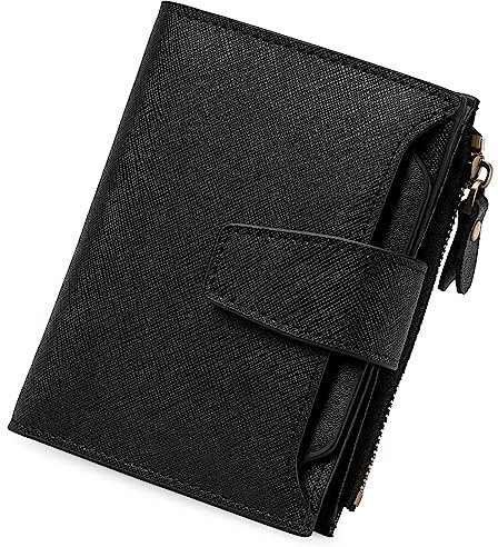 GOIACII Kleine Damen-Geldbörse, RFID-blockierend, echtes Leder, Geldbörse mit Reißverschluss, Münzfach, Ausweisfenster, A12 Cross Grain Black, Minimalistisch
