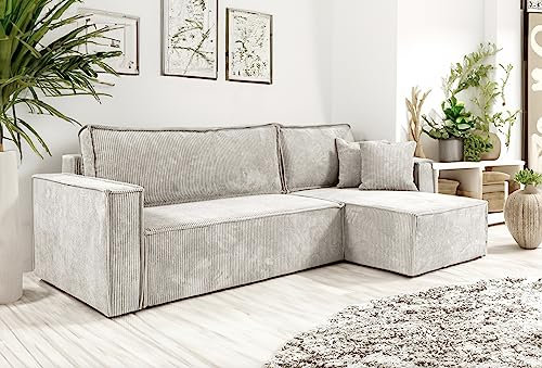 Tendencio Canapé d'angle Convertible Nero en Velours côtelé avec lit et Coffre de Rangement (Beige)