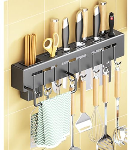 Porte - ustensiles de cuisine mural en acier inoxydable, porte - ustensiles de cuisine, support, crochet, porte - couteau, 40cm, noir, pour la cuisine