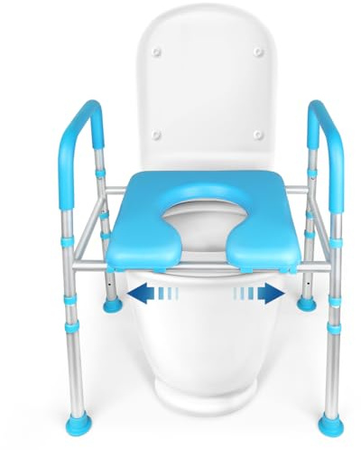 YIKAD Raised Toilet Seat Riser with Handles, Premium Elevated Stable Commode Cozy Padded Up to 400 lbs, Adjustable Width/Height Safety Toilet Seat Riser for Seniors, Handicap, Pregnant
