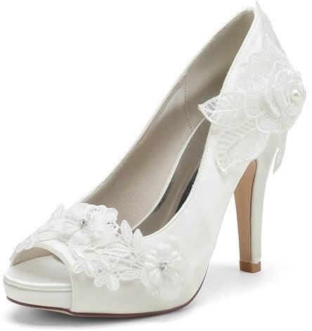 Chaussures de Mariée Femme Blanche Escarpins à Talon Haut Chaussure Mariage Talon Femme Bout Ouvert Chaussures de Mariage