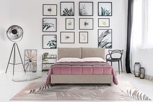EVERGREENWEB - Letto Matrimoniale con Box Contenitore, Materasso Memory + Rete a Doghe in Legno 140x195 cm + Coppia Cuscini, Elegante Testiera color Tortora, Tessuto Imbottito SFODERABILE e Lavabile