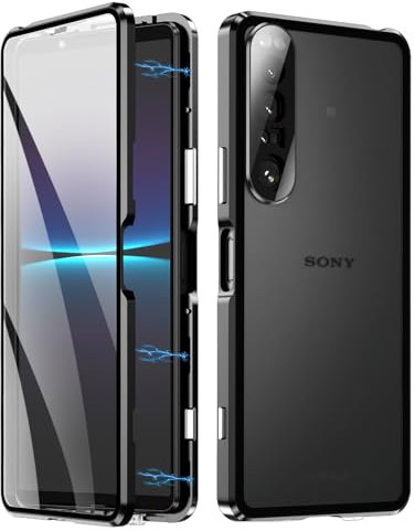 Cover Compatibile for Sony Xperia 1 IV - Custodia Magnetica Adsorbimento 360 Gradi Protezione Shell Bumper in Metallo Cassa Schermo Intero Trasparente Vetro Temperato Copertura Case,Nero