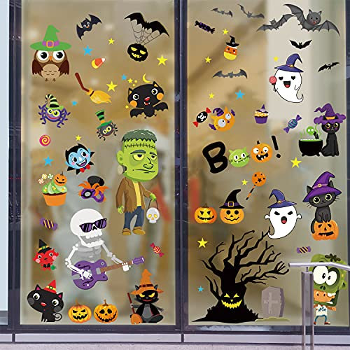 173PCS Pegatinas de Ventana de Halloween, Calabaza Bruja Gato Murciélagos Fantasma Estáticas Calcomanías de Halloween para Ventana,Decoraciones de Fiesta de Halloween Ventanas Puertas Espejos Neveras
