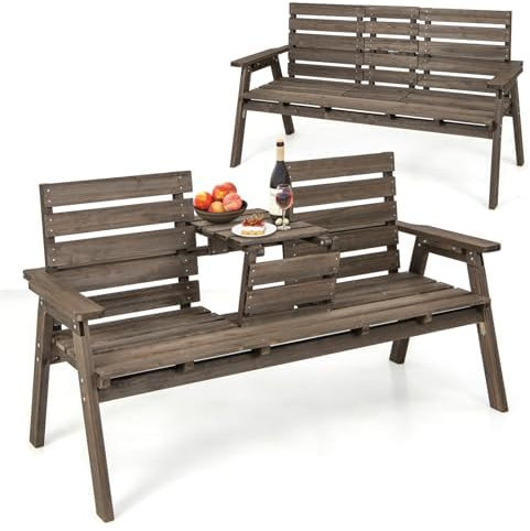 Sitzbank mit Tisch, Holzbank für 2–3 Personen, Bank mit klappbarem Mitteltisch, bis 320 kg, Gartenbank mit Rückenlehne, Parkbank Tannenholz, für Balkon, Garten, Terrasse, 160x64x86cm, Braun