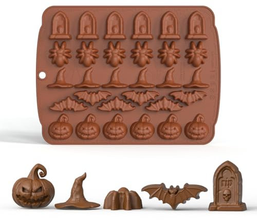 Moldes de silicona de Halloween, 30 cavidades Moldes Para Hornear, Moldes de Silicona Forma de sombrero de bruja calabaza araña murciélago tumba, Moldes Silicona Para Caramelos Chocolates jabón pastel