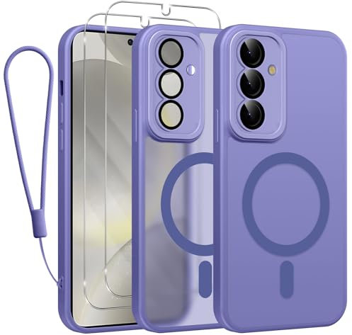 Phoona Cover Magnetica per Samsung Galaxy S24 5G 6,2 con Cordino e 2 Pellicole in Vetro Temperato, Compatibile con Magsafe, Custodia Traslucida Opaca Resistente Antiurto Protettiva Case, Lilla