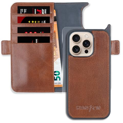 HANS/SON Echtleder Handyhülle für iPhone 16 Pro, Klappbar, Cognac, Schützend & Stylisch, inkl. Gratis Displayschutz Glas, MagSafe kompatibel