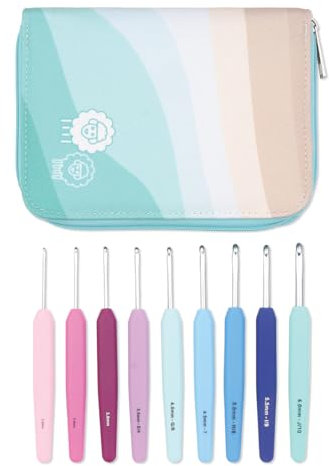 KnitPro Waves Häkelnadel-Set – 9-Haken-Deluxe-Geschenkset, Größen 2 – 6 mm, ergonomische weiche Griffe, weicher Gummigriff für arthritische Hände, leichte und bequeme Häkelnadeln zum Stricken