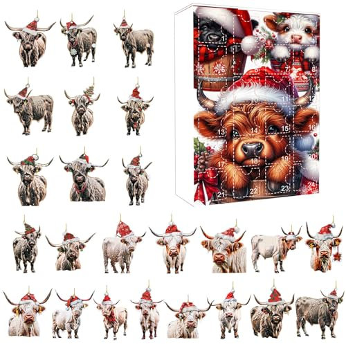 Highland Cow Adventskalender 2024, Adventskalender für Kinder, Niedlicher Hochlandkuh Adventskalender 2024, Einzigartiger Adventskalender, 24 Tage Weihnachten Countdown Kalender 2024