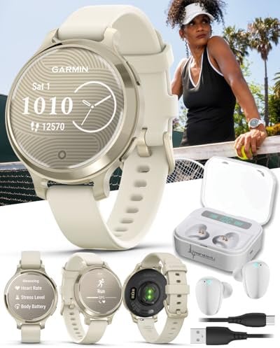 Wearable4U Garmin Lily 2 Active, Lunar Gold with Bone Silicone Band, Small and Stylish Smartwatch, Built-in GPS, Hidden Display, Patterned Lens, Up to 9 Days Battery Life White Earbuds Bundle