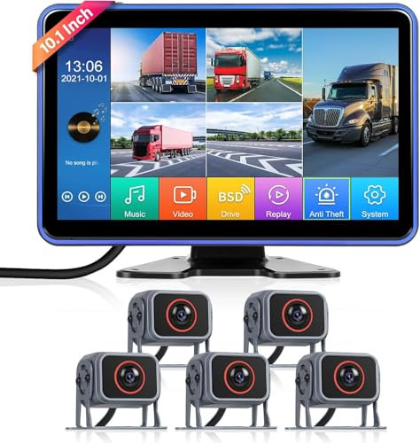Hodozzy Reverse Camera Kit with 10.1 HD Monitor and 5 Backup Cameras, Wide Angle IP68 Waterproof Night Vision with BSD/DVR/USB/SD Card, Wired Rear Camera for Truck/Trailer/RV/Bus/Van/Camper