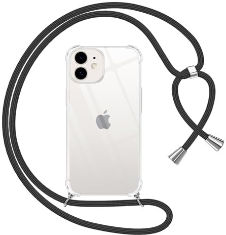 Phoona Crossbody Lanyard Case for iPhone 12 Mini 5,4 with Strap, Necklace Mobile Phone Cover with Adjustable Neck Strap, Clear Transparent TPU Soft Phone Cover with Neck Cord-Black