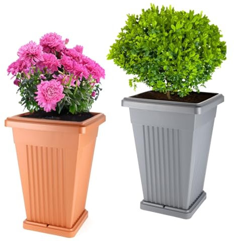 GarPet Pflanzkübel Groß Pflanzkübel Außen Blumenkübel Pyramide Übertopf groß Outdoor Pflanztopf Pflanzkasten Blumentopf mit Untersetzer Rechteckig 60 (grau)