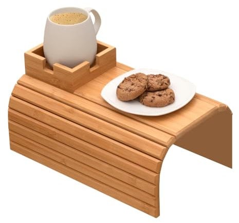 Foldable Bamboos Tray with Cup Holder | Sofa Armrest Tray | Anti-Slip Foldable Sofa Table Tray | Couch Arm Cup Holder, Couch Arm Tray for Drinks Cup Cellphone Remote Control