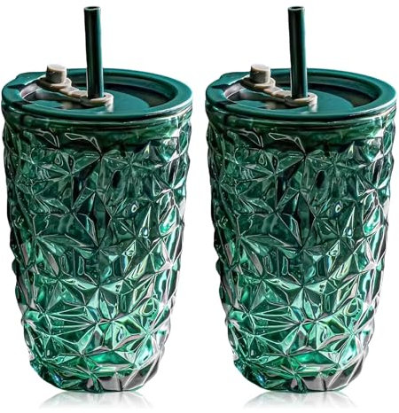 Grün Trinkbecher mit Deckel und Strohhalm Glas 2er Set, 400 ml Bubble Tea Becher Trinkgläser Glasbecher Smoothie Becher, Eiskaffee Gläser Tassen, Iced Coffee Glas für Saft, Kaffee, Wasser, Tee
