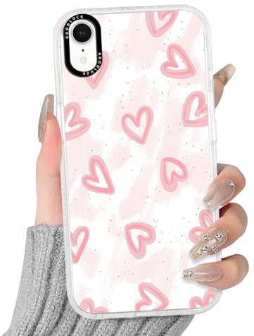 Yirlbey Transparente Coque pour iPhone XR, Aesthetic Coeur Motif Étui Heart Design Rose Housse de Téléphone pour Filles, Silicone Cover Anti-Rayures Protection Case pour iPhone XR 6,1,Rose