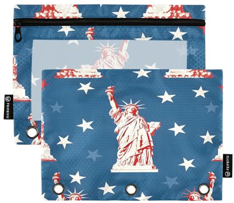Mnsruu The Statue of Liberty Federmäppchen für 3-Ring-Ordner, 2 Stück Binder-Federmäppchen mit Reißverschluss, transparentes Fenster, Reißverschluss, Federmäppchen für Bürobedarf, Mehrfarbig