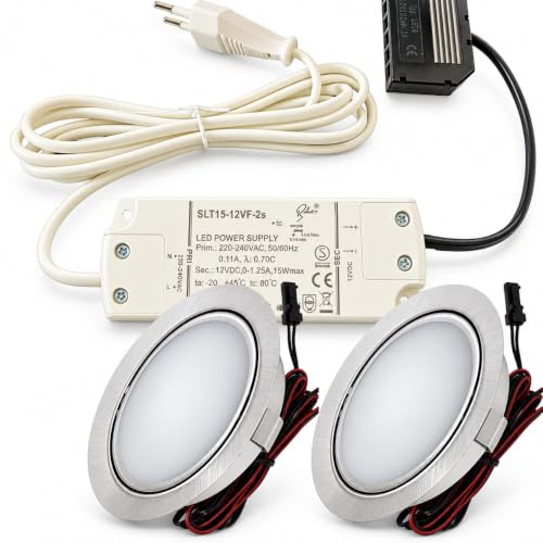 LED Einbaustrahler Möbel 12V 3W – 2er Set mit Trafo, Kabelbaum & Netzstecker – Plug & Play Spots warmweiß 3000K – Ø65 mm, 55–60 mm Einbauloch – flache LED Einbauleuchten für Möbel in Küche & Schrank