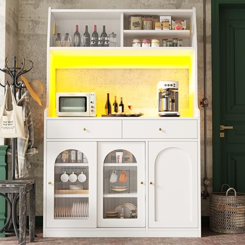 TOBIDOEN Hoch Küchenschrank mit Schubladen und Glasschiebetüren 120x40x180cm, Hochschrank Buffetschrank küche mit Verstellbaren Ablagen, Breite Arbeitsplatte, Haushaltsschrank Mehrzweckschrank (Weiß)