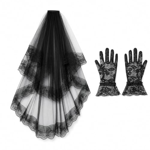 DvBCNMe Schleier Schwarz, Eleganter Schwarzer Schleier Mit Passenden Handschuhen Für Hochzeiten, Halloween Und Cosplay, Gothic Brautschleier