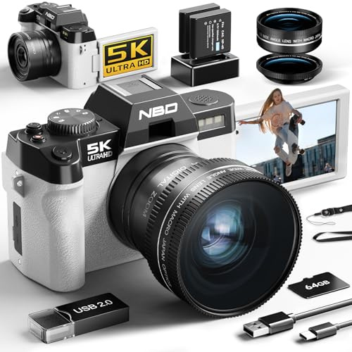 NBD Appareil Photo 5K 64MP, Autofocus, Zoom Numérique 16X, Blanc | Écran 3 180°, WiFi, Grand Angle/Macro, 2 Batteries, Carte 32Go, Vlog, Voyage, Débutants