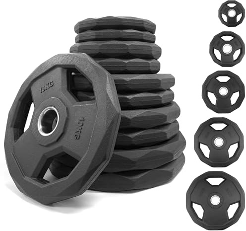 Olympic Weight Plates With Rubber Finish 2’’ Opening and Tri-Grips, Black Barbell Plates Discs in Pair or Single for Lifting and Strength Training, Solid Cast Iron Weights Set