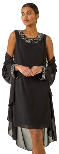 Roman Originals Embellished Shift Dress & Shrug for Women UK - Ladies Everyday Autumn Winter Round Neckline Comfy Soft Evening Vacation Work Party Night Out - Black - Size 18