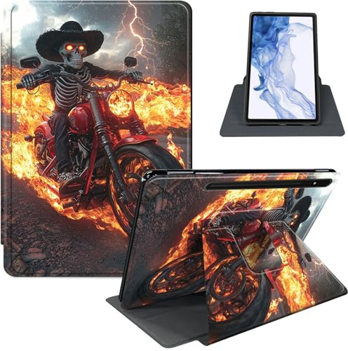 Schutzhülle für Samsung Galaxy Tab S8 2022/S7 2020, 27,9 cm, 360° drehbar, PU-Leder, Stand-Cover mit automatischer Sleep/Wake-Funktion, stoßfeste TPU-Rückseite, Biker mit Feuer