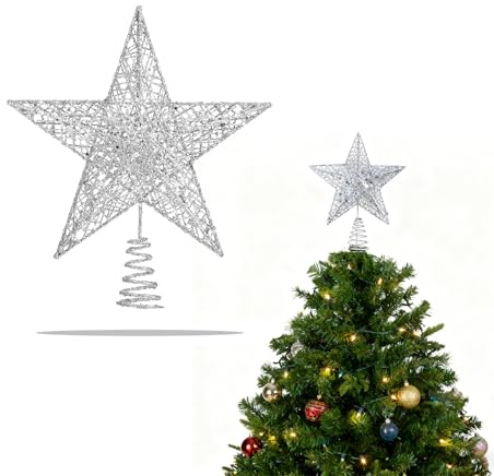 BAIYSFFG Glitter Tree Star,Christmas Tree Topper, Large Metal Tree Top Star for Xmas Tree Topper Ornaments Christmas Home Decorations,20 * 25 CM (Silver)