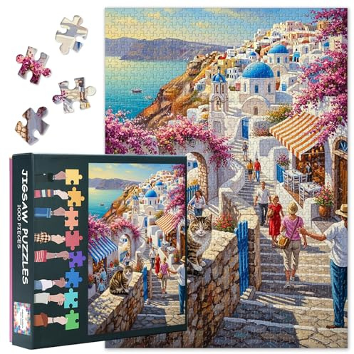 Greece Puzzles for Adults 1000 Pieces, Greece Tourist Attractions Hard Challenging Family Puzzle, Streets and Cats Jigsaw Puzzles, Puzzle Game (50.5x70.5cm)