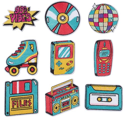letsinstyle 9Pcs Hip Hop Neon Disco Roller Skate Patches, Vintage 80s 90s Embroidered Iron on Patches, Repair Applique for Clothes Backpacks Jeans Jacket Hats Sewing Decoration
