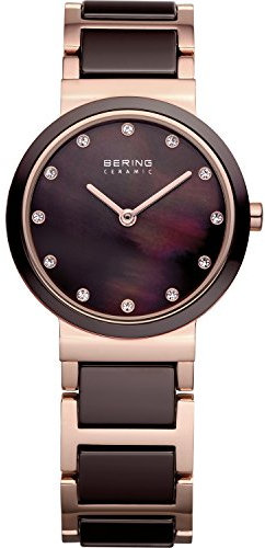 BERING Damen Quarz Uhr | Armbanduhr 29 mm roségoldenes Edelstahlgehäuse und braunes Zifferblatt | Edelstahlband mit Keramikelementen | 5 ATM | 10729-765