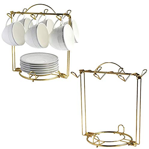 HOHIYA Gold Tea Cup Stand 2 Pack Metal Mug & Saucer Holder | Displays teacups, coffee mugs and saucers with scratch-resistant protection for elegant kitchen counters and cabinets
