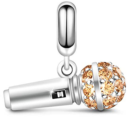 GNOCE Mini Mikrofon Charm Anhänger S925 Sterling Silber Im Leben Singen Charm Perlen mit Champagnersteinen für Armband Halskette Schmuck Geschenk für Damen Herren