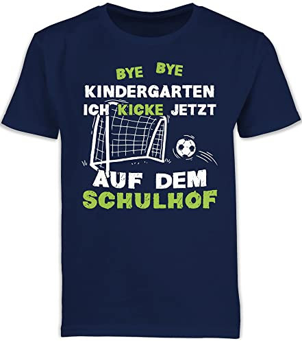 Kinder T-Shirt Jungen Schulanfang - Einschulung Junge - Bye Bye Kindergarten Ich kicke jetzt auf dem Schulhof Geschenk Schulkind Fußball I - 128 (7/8 Jahre) - Navy Blau - Kita Tshirt Abschied