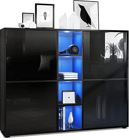 Vladon Highboard Cuba V3, Made in Germany, Schwarz matt/Schwarz Hochglanz inkl. LED - Moderne Anrichte mit 12 Fächern (130,5 x 105,5 x 35,5 cm)