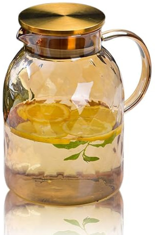 Fegtrtyoa Jarra de Cristal Estilo Vintage con Tapa. Jarra de Agua de Borosilicato Resistente Al con Asa y Boquilla. Apta para Guardar en el Frigorífico.