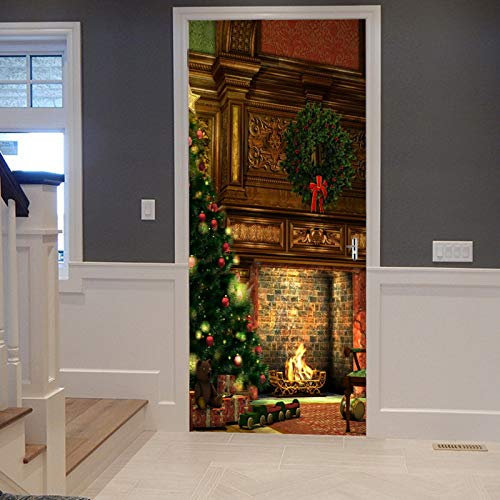 A.Monamour Türtapete Selbstklebend Türfolie Türposter 3D Weihnachtsferien Innendekoration Kamin Weihnachtsbaum Weihnachten Vinyl Folie Türdeko Tapete Wandbild Türaufkleber Türtattoo 77 x 200 cm
